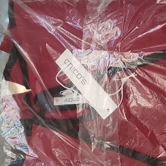 Chico's Stripe Border Ruana Covering Red Allure Pauncho - Picture 10 of 11